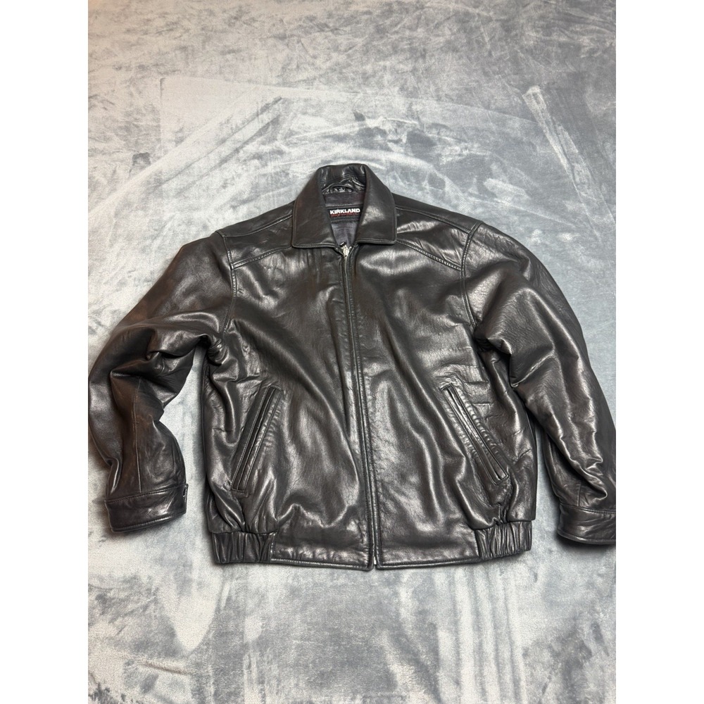 MENS BLACK Leather LAMBSKIN SOFT Jacket Bomber KIRKLAND LINED SIZE Large